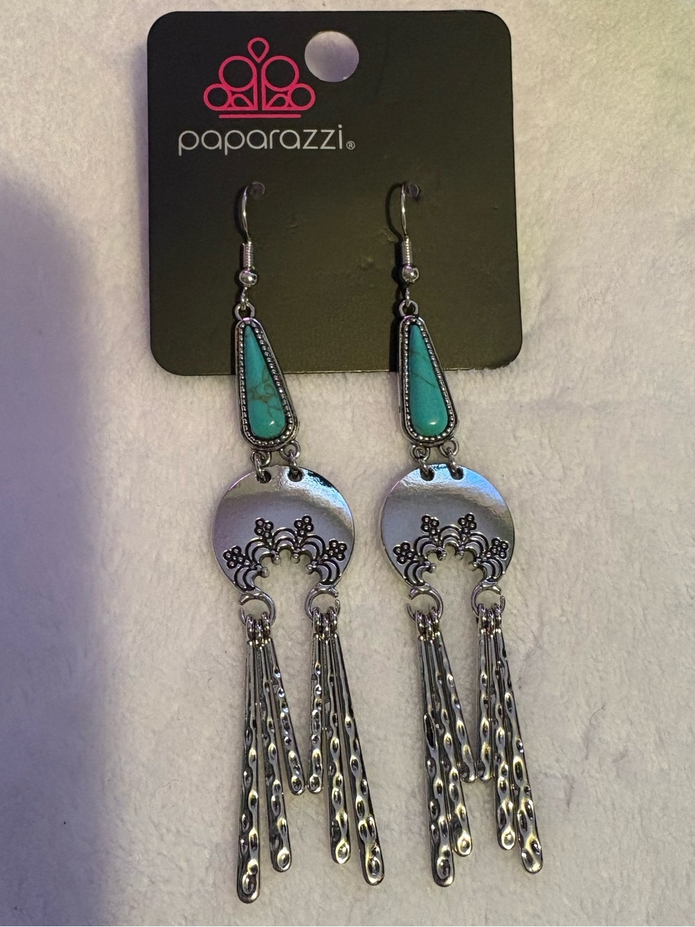 paparazzi Silver and Faux Turquoise Teardrop Fringe Earrings